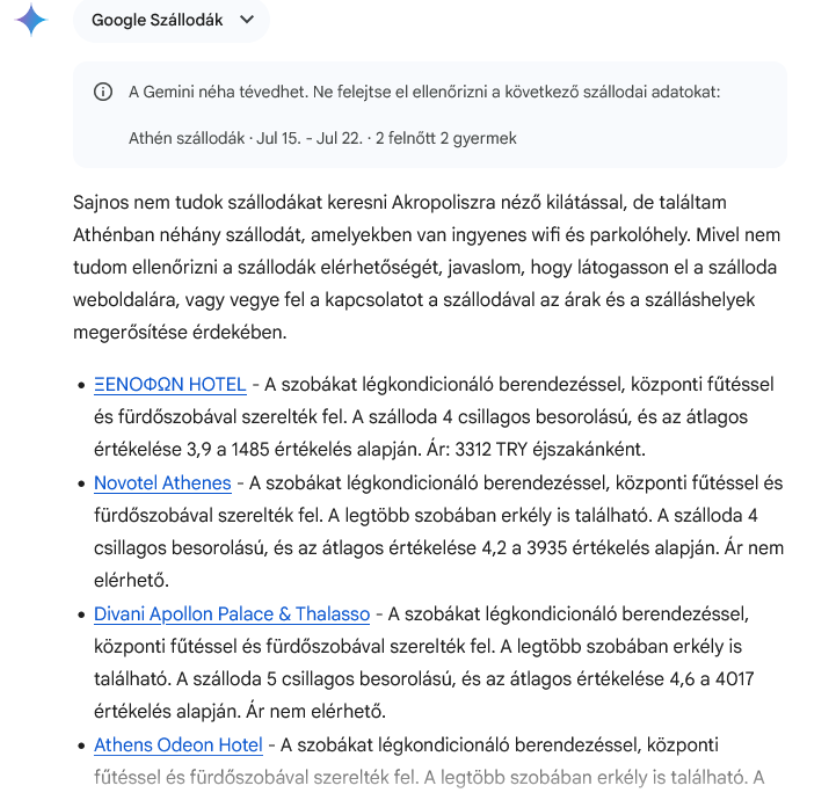 Nyaralás megtervezése Gemini-jal: Hotel lista
