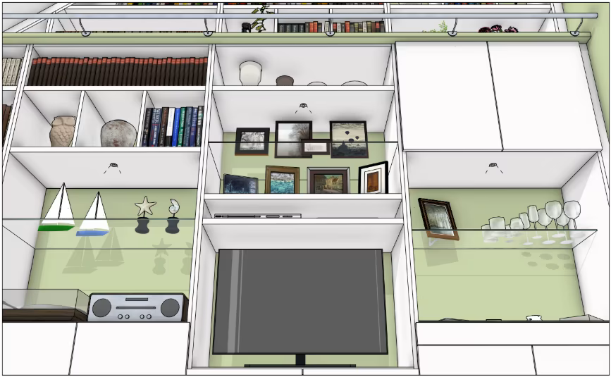 A Simon Tcherniak által tervezett, egyedi iroda/könyvtár közeli felvételei SketchUp-ban